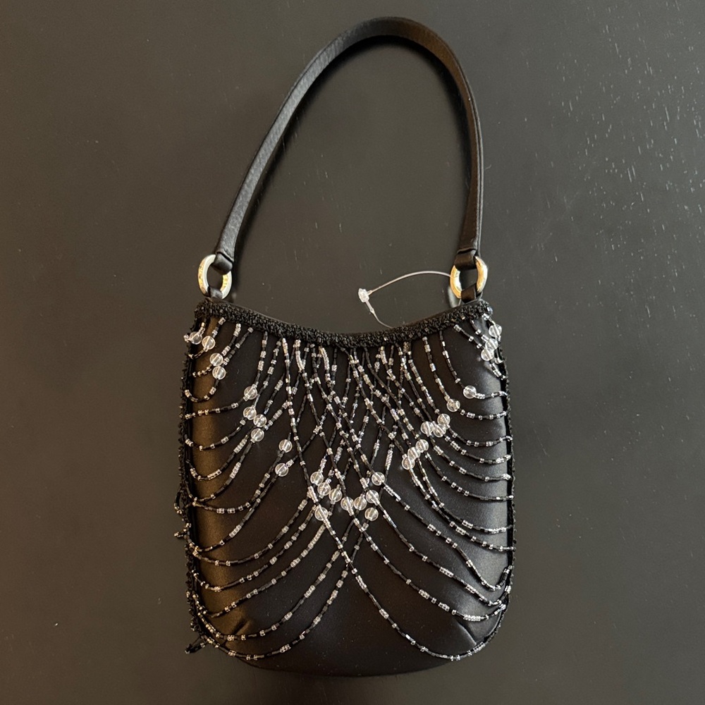 Cache Black Satin Beaded Evening Bag